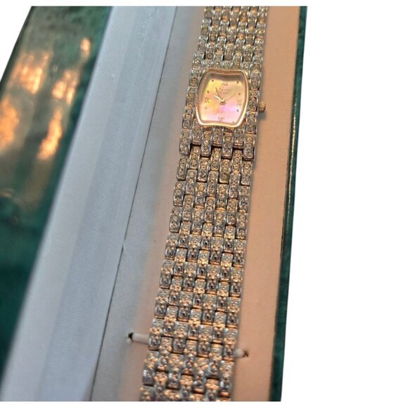 Suzanne Somers Vintage Silver Watch W/ Pave Crystals & Mother of Pearl Face - Picture 6 of 11